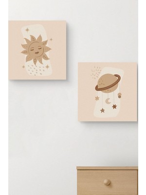 Yıldız ve Gezegen | Minimal Tasarımlı 2'li Kanvas Tablo 25 x 25  cm  Ölçüsündedir.
