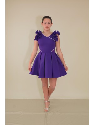 Kız Çocuk Abiye Mor Krep Kumaş Kolları Farbalı Şerit Taş Detaylı Kısa Abiye Elbise 10-15 Yaş