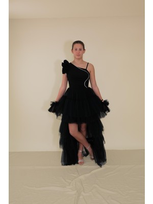 Kız Çocuk Abiye Siyah Önü Kısa Kuyruklu Tek Omuz Farbalı Şerit Taş Detaylı Eldivenli Abiye Elbise 10-15 Yaş