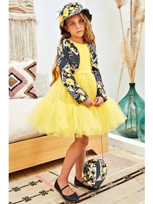 Kız Çocuk Üzeri Çiçek Baskılı Crop Ceket Şapkalı Eteği Tül Tül Kolsuz Sarı Abiye