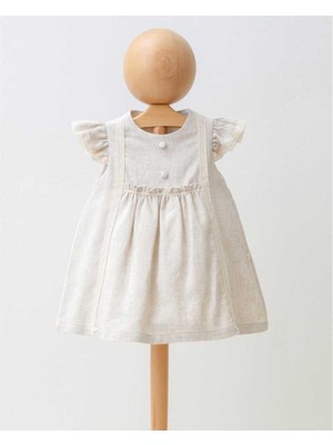 Kız 6/24 Ay Keten Düğmeli Nakışlı Elbise