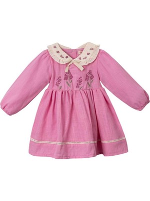 Kız 9/24 Ay Nakışlı Yakalı Keten Elbise