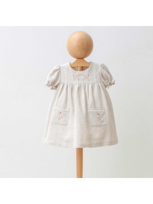 Kız 6/18 Ay Keten Cepli Çiçek Nakışlı Elbise