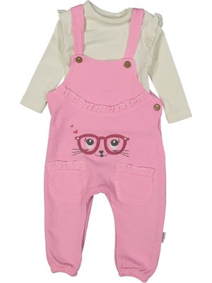 Kız 9/24 Ay Gözlüklü Kedi Nakışlı Fırfırlı Cepli Badili Salopet