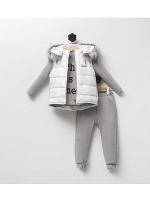 Erkek 3/5 Yaş Tüylü Kapşonlu Yelekli 3 Lü Takım