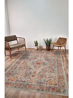 BigArts Home Vintage Halı Göbekli Motifli Gri ve Bej Klasik Dijital Şönil Halı Antibakteriyel Yıkanabilir Modern Renk