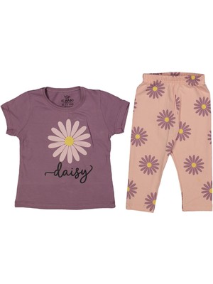 Kız 3/7  Yaş Paptya Çiçek Baskılı Taytlı Takım