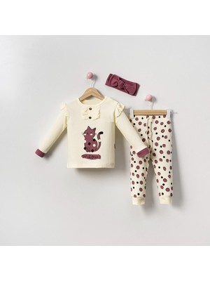 Kız 9/24 Ay Kedi Baskılı Bandanalı Takım