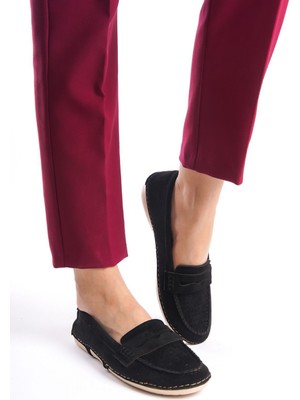 Limeo Siyah Delikli Süet Önden Rahat Yumuşak Günlük Loafer Makosen Kadın Ayakkabı