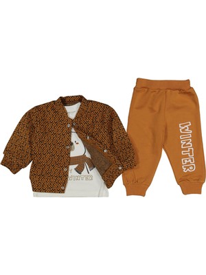 Erkek 6/18 Ay Atkılı Ayı Baskılı Ceketli  3'lü  Takım
