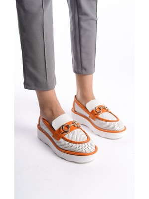 Limeo Turuncu Beyaz Önden Taşlı Metal Detaylı Yüksek Taban Günlük Loafer Makosen Kadın Ayakkabı