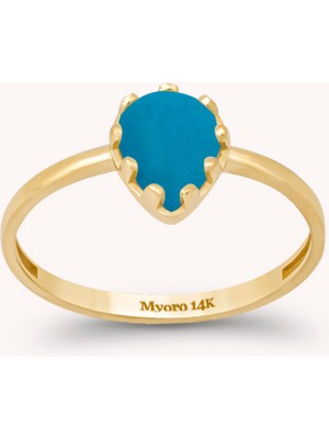 MYOROGOLD 14 Ayar Altın Firuze Damla Taşlı Yüzük