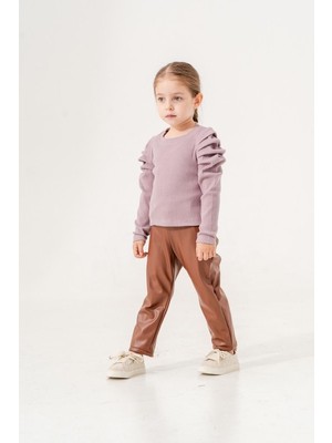 Kız 6/9 Yaş Deri Pantalonlu Fitilli Takım