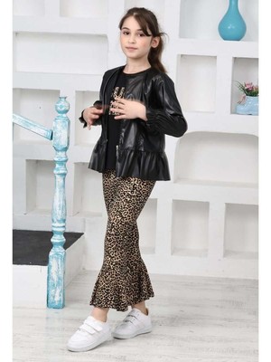 Kız 5/9 Yaş Deri Ceketli Leopar 3lü Takım