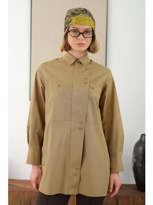 HE-QA Asimetrik Patlı Gömlek Açık Kil