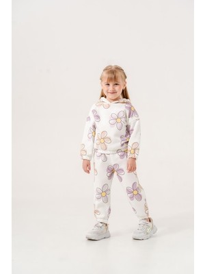 Kız 2/5 Yaş Çiçek Baskı Üç Iplik Kapşonlu Takım