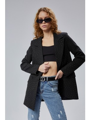 Siyah Regular Dokuma Astarlı Taş Detaylı Blazer Ceket