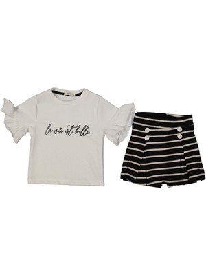 Kız 3/7 Yaş La Vie Nakışlı Çizgili Şort Etekli Takım