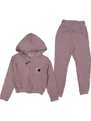 Kız 6/9 Yaş Yıldız Armalı Fermuarlı Kapşonlu Fitilli Triko Takım