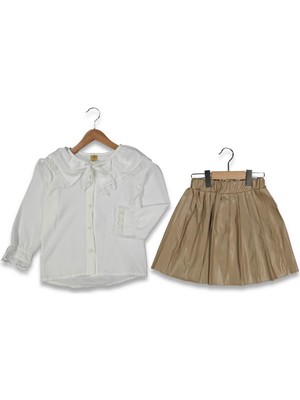 Kız 4/8 Yaş Gömleği Dantelli Deri Etekli  Takım