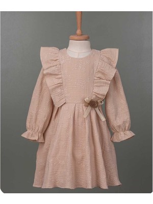 Kız 2/5 Yaş Nakışlı Omuzdan Fırfırlı Müslin Elbise