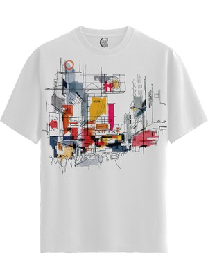 Color Luxe Cityscape Sketch - Pamuklu Kadın Beyaz Tişört - Premium Quality