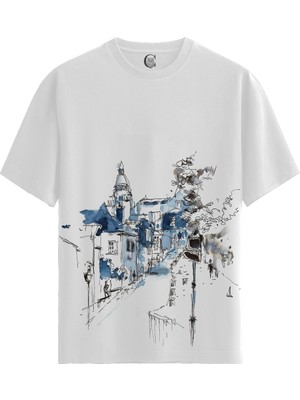 Color Luxe Blue Cityscape - Pamuklu Kadın Beyaz Tişört - Premium Quality