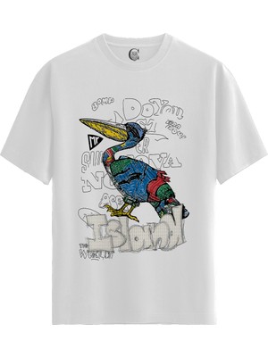 Color Luxe Graffiti Bird - Pamuklu Kadın Beyaz Tişört - Premium Quality