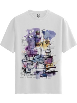 Color Luxe Abstract Harbor - Pamuklu Kadın Beyaz Tişört - Premium Quality
