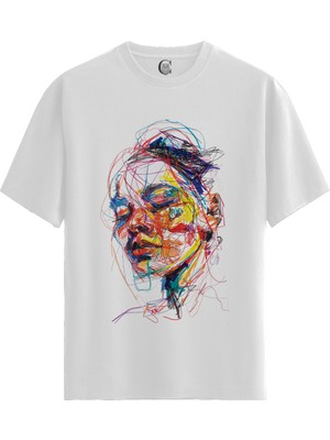 Color Luxe Chaos Face - Pamuklu Kadın Beyaz Tişört - Premium Quality