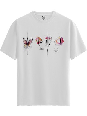 Color Luxe Flutter Bloom - Pamuklu Kadın Beyaz Tişört - Premium Quality