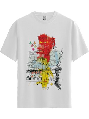 Color Luxe Istanbul Sketch - Pamuklu Kadın Beyaz Tişört - Premium Quality