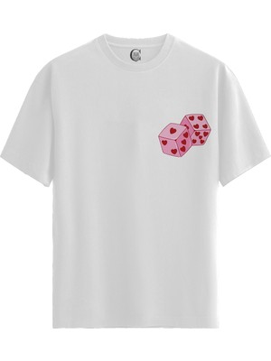 Color Luxe Love Dice - Pamuklu Kadın Beyaz Tişört - Premium Quality