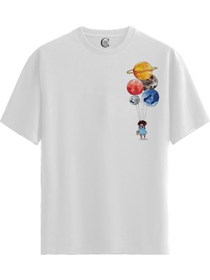 Color Luxe Planet Balloons - Pamuklu Kadın Beyaz Tişört - Premium Quality