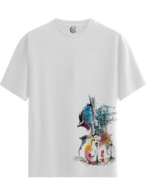 Color Luxe Violin City - Pamuklu Kadın Beyaz Tişört - Premium Quality