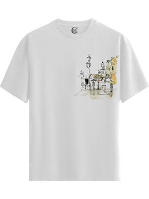 Color Luxe Urban Sketch - Pamuklu Kadın Beyaz Tişört - Premium Quality