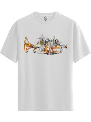 Color Luxe Trumpet City - Pamuklu Kadın Beyaz Tişört - Premium Quality