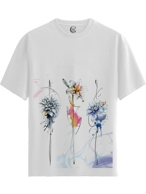 Color Luxe Abstract Blooms - Pamuklu Kadın Beyaz Tişört - Premium Quality