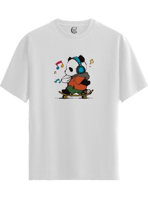 Color Luxe Skater Panda - Pamuklu Kadın Beyaz Tişört - Premium Quality