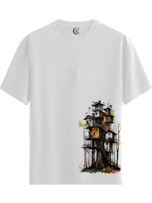Color Luxe Treehouse Haven - Pamuklu Kadın Beyaz Tişört - Premium Quality
