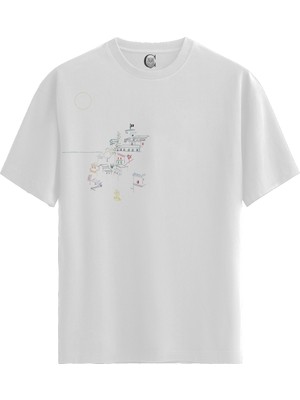 Color Luxe Moonlit Village - Pamuklu Kadın Beyaz Tişört - Premium Quality