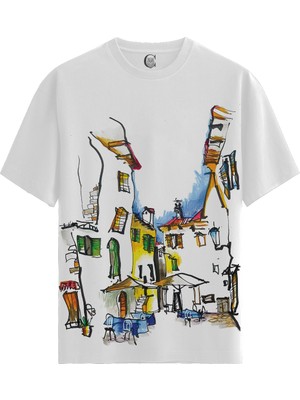 Color Luxe Mediterranean Street - Pamuklu Kadın Beyaz Tişört - Premium Quality