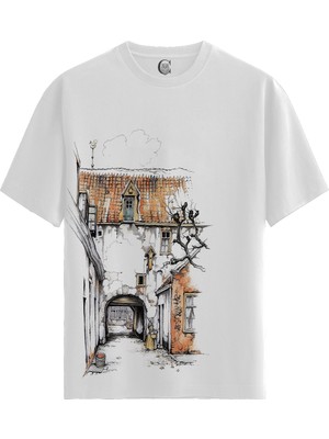 Color Luxe Vintage Alley - Pamuklu Kadın Beyaz Tişört - Premium Quality