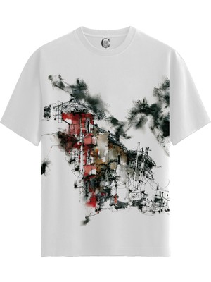 Color Luxe Ruined City - Pamuklu Kadın Beyaz Tişört - Premium Quality