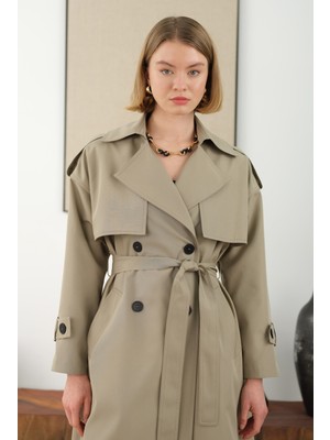 HE-QA Kadın Uzun Klasik Trençkot Adaçayı Standart Kalıp Hafif Mikro Teknik Kumaş