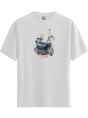 Color Luxe Fishing Boat - Pamuklu Erkek Beyaz Tişört - Premium Quality
