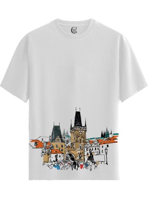 Color Luxe Prague Tower - Pamuklu Erkek Beyaz Tişört - Premium Quality
