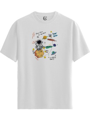 Color Luxe Moon To Mars - Pamuklu Erkek Beyaz Tişört - Premium Quality