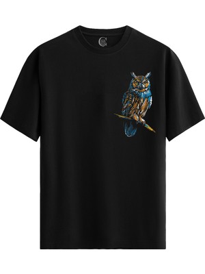 Color Luxe Wise Owl Pamuklu Erkek Siyah Tişört - Premium Quality