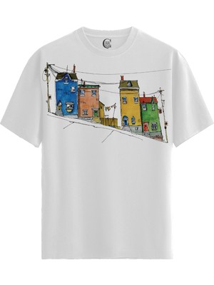 Color Luxe Colorful Hillhouses - Pamuklu Erkek Beyaz Tişört - Premium Quality